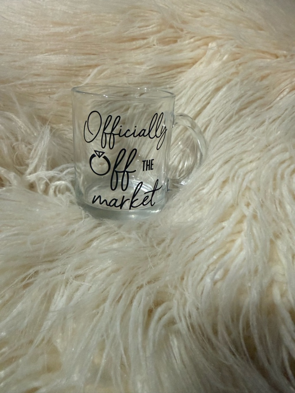 Brand New Glass Coffee Mug - 'Officially Off the Market' - Clear